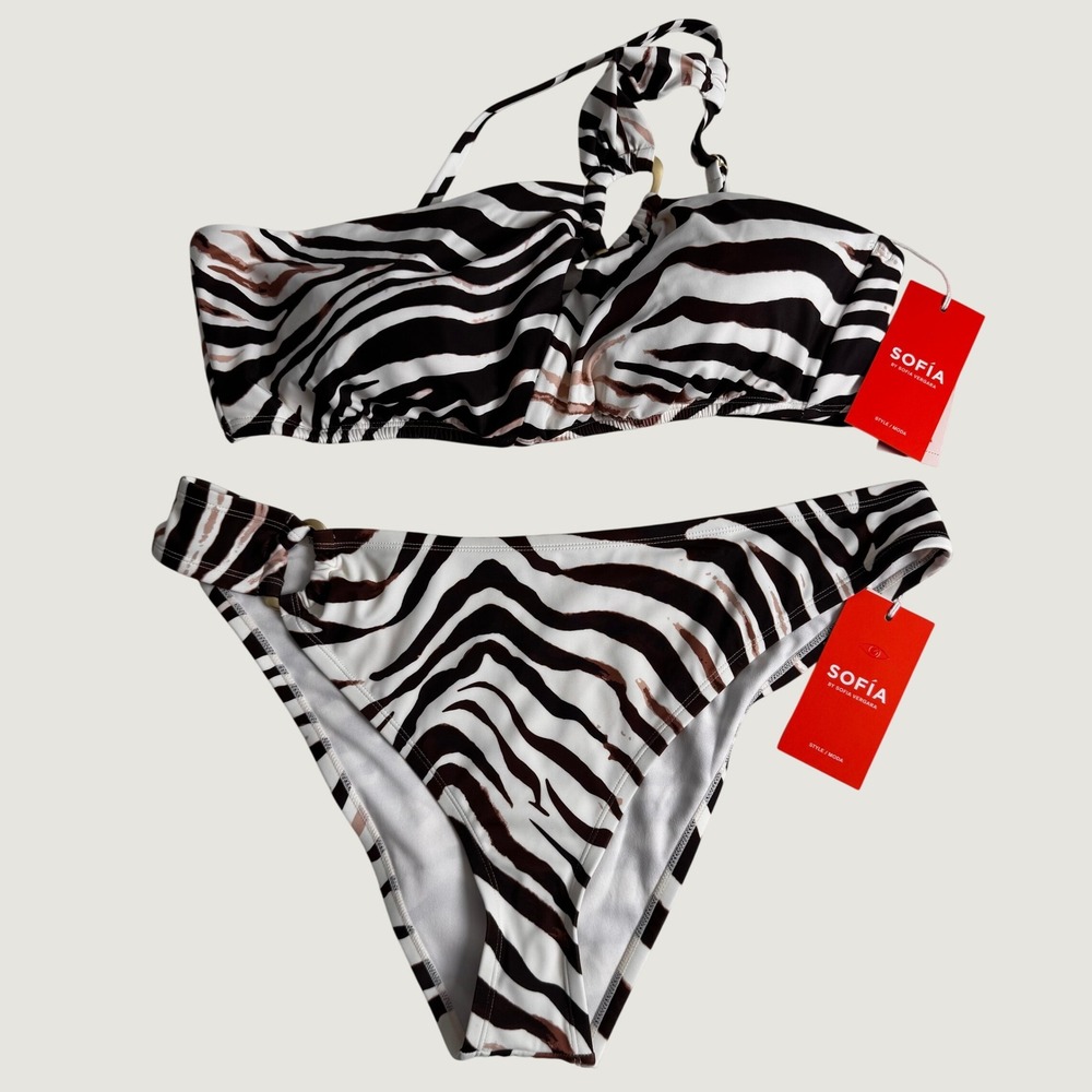 Mob Wife Sofia Vergara Zebra Print Glalm One Shoulder Bikini NEW Brown White XL - Picture 2 of 7